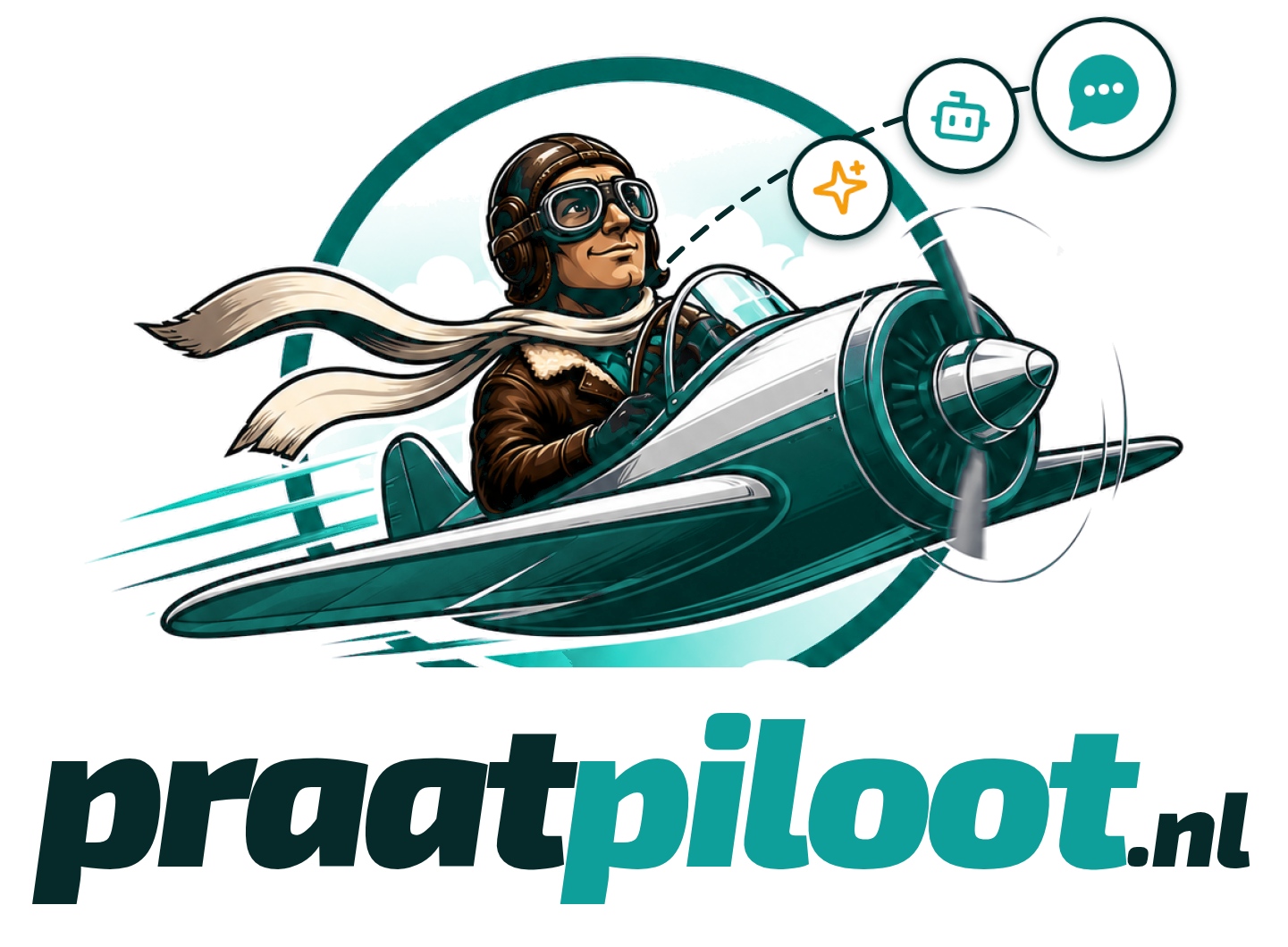 Praatpiloot-logo: een piloot in een vliegtuigje met chatballonnen